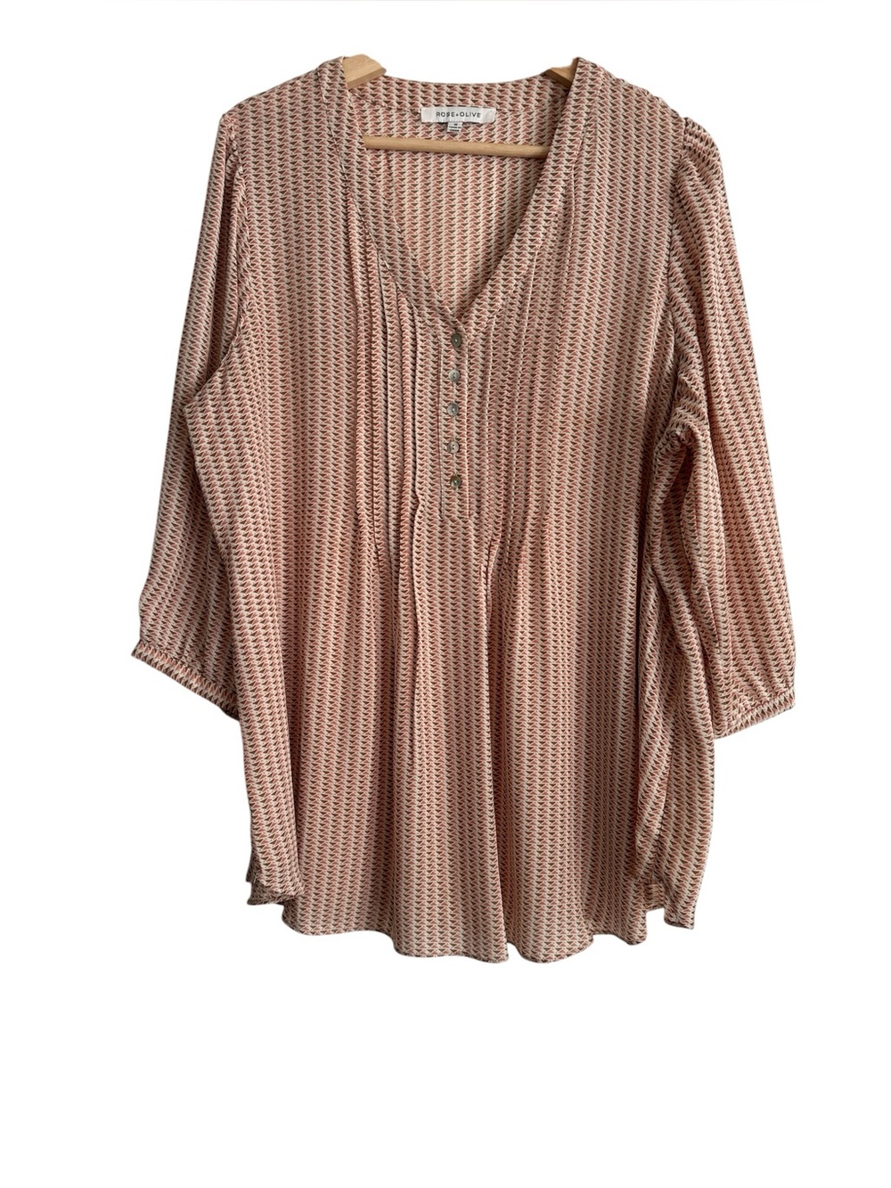 Rose + Olive Pink Brown 3/4 sleeve v-neck blouse
